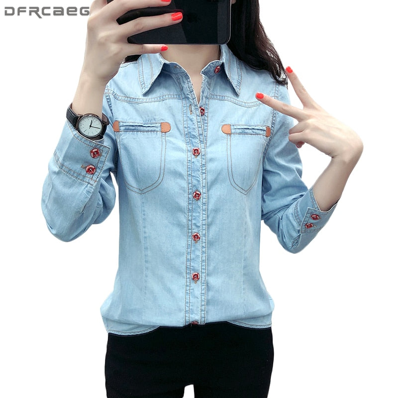 2018 Autumn Casual Camisa Jeans Feminina Long Sleeve Denim Shirt Women Plus Size Blouse Button Pockets Chemise Femme Ladies Tops