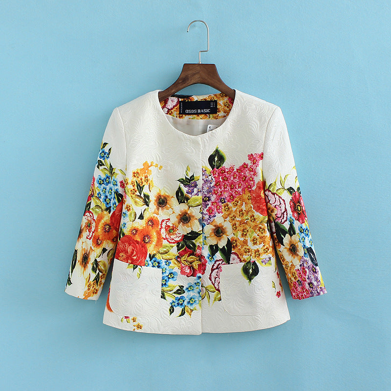 2018 New Chinese Style Half Short Floral O-neck Covered Button Regular Loose Standard Printing Jackets Coats Outwear WWT16619