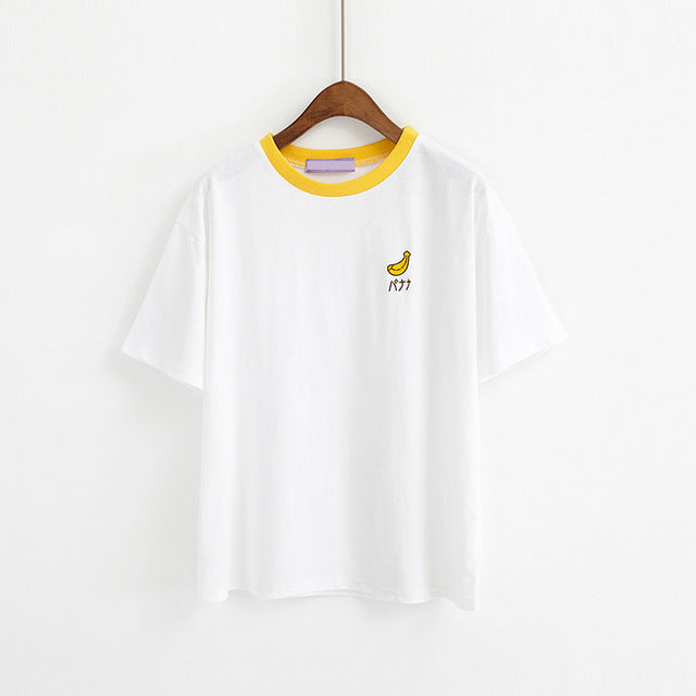 2018 New Institute Wind Cute Fruits Embroidery Short Sleeve T-shirt Women Summer Casual Round Neck Patchwork Tshirts Female Tees