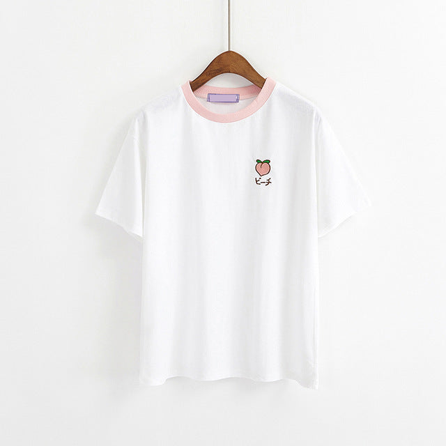 2018 New Institute Wind Cute Fruits Embroidery Short Sleeve T-shirt Women Summer Casual Round Neck Patchwork Tshirts Female Tees