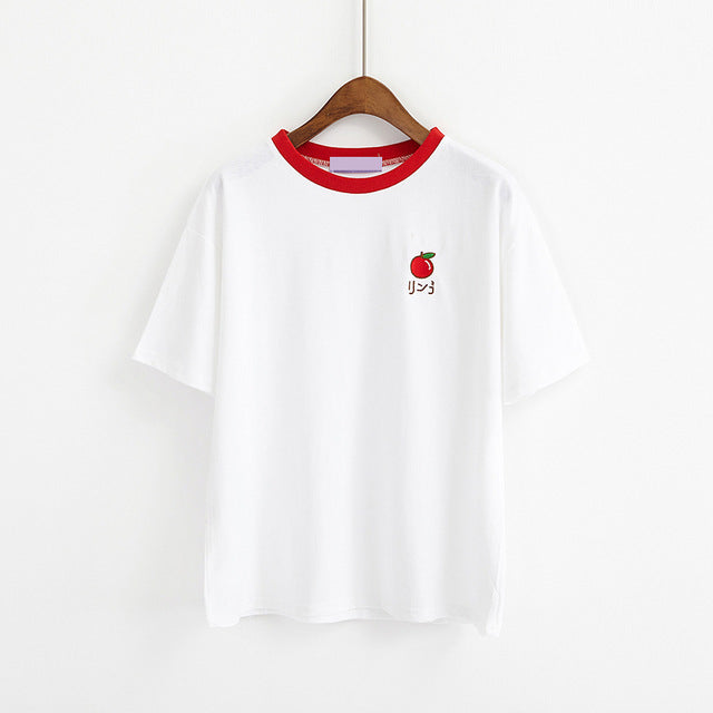 2018 New Institute Wind Cute Fruits Embroidery Short Sleeve T-shirt Women Summer Casual Round Neck Patchwork Tshirts Female Tees