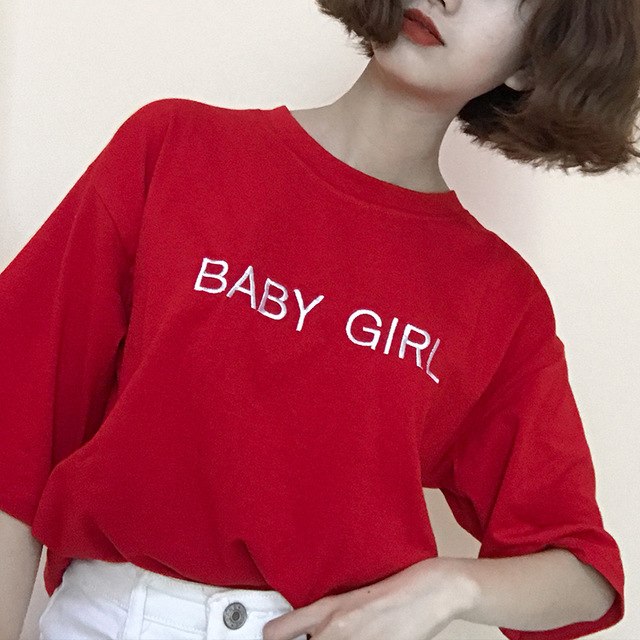 2018 New Korean Cute Letters Embroidery Short Sleeve T-shirt Women Casual Loose Summer Tee Shirt