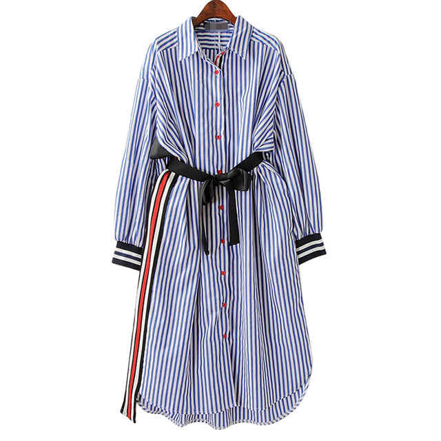 2018 QLZW New Spring Summer Striped Asymmetrical Turn-down Collar Full Sleeve Sashes Loose Long Dress Women Tide WA30801