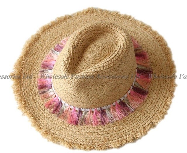 6pcs Pretty Chromatic Tassels Raffia Straw Fedora Hats for Women Summer Beach Nature Straw Fedoras Hat Wholesale Ladies Sun Caps