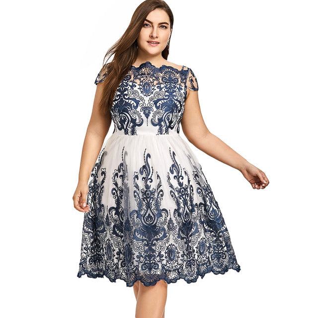 AZULINA Vestidos Plus Size Lace Scalloped Tulle Dress Boat Neck Short Sleeves Dresses Robe Female Woman Clothes Vestido De Festa