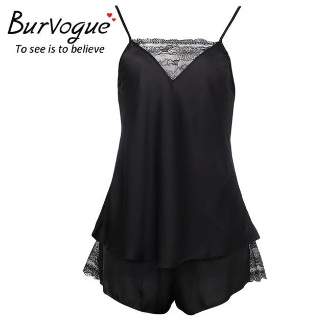 Burvogue Sexy Pajama Sets Sleepwear for Women Sleeveless Spaghetti Strap Nightwear Lace Pajamas Satin Cami Top Shorts Pajamas