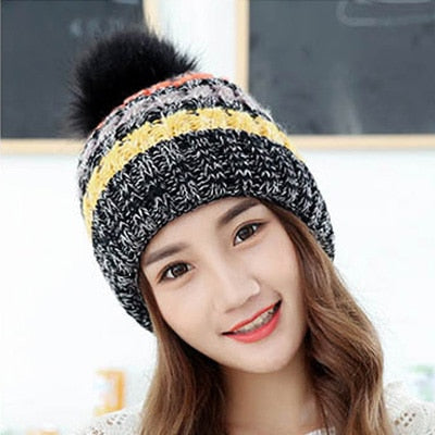 Fashion Winter Hats for Women Fur Pompon Hat Mix Color Hip Hop Knitted Hat Female Skullies Beanies Crochet Hat Female Warm Caps