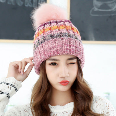 Fashion Winter Hats for Women Fur Pompon Hat Mix Color Hip Hop Knitted Hat Female Skullies Beanies Crochet Hat Female Warm Caps