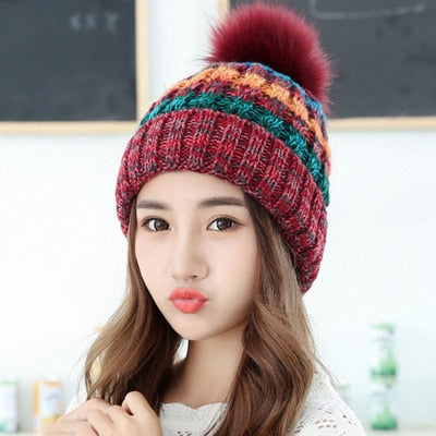 Fashion Winter Hats for Women Fur Pompon Hat Mix Color Hip Hop Knitted Hat Female Skullies Beanies Crochet Hat Female Warm Caps