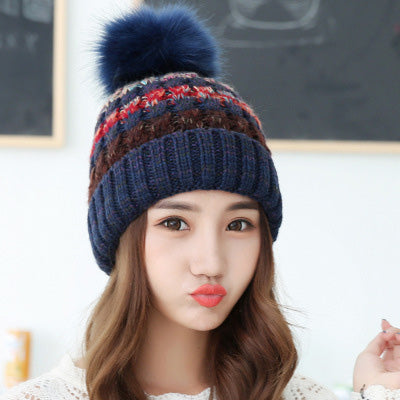 Fashion Winter Hats for Women Fur Pompon Hat Mix Color Hip Hop Knitted Hat Female Skullies Beanies Crochet Hat Female Warm Caps