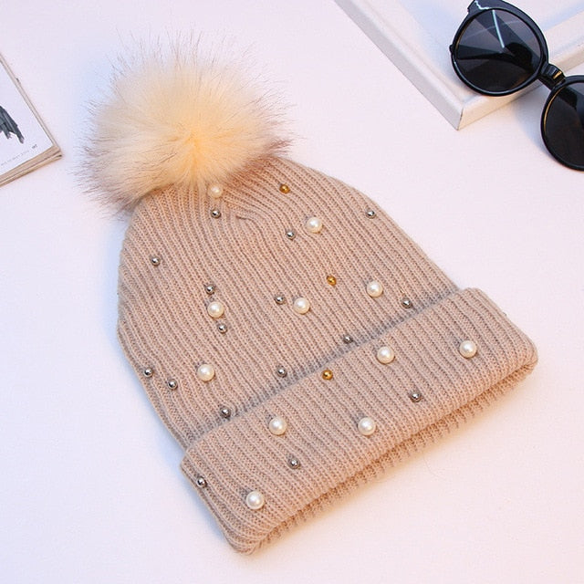 JYBHYX Hat Women Girls Winter Warm Faux Pearl Beads Knit Crochet Beanie Hat With Pom Pom 5803