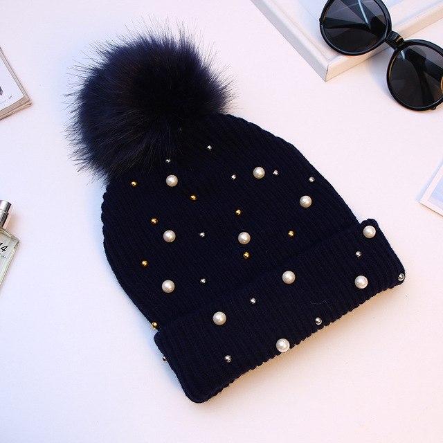 JYBHYX Hat Women Girls Winter Warm Faux Pearl Beads Knit Crochet Beanie Hat With Pom Pom 5803