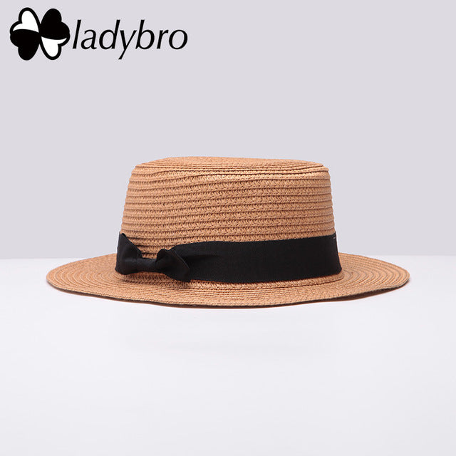Ladybro 2018 Summer Women Boater Beach Hat Female Casual Panama Hat Lady Brand Classic Bowknot Straw Flat Sun Hat Women Fedora