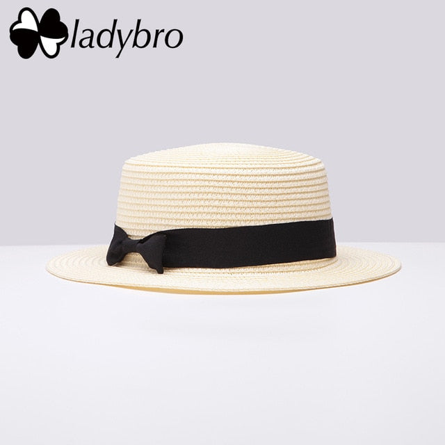 Ladybro 2018 Summer Women Boater Beach Hat Female Casual Panama Hat Lady Brand Classic Bowknot Straw Flat Sun Hat Women Fedora