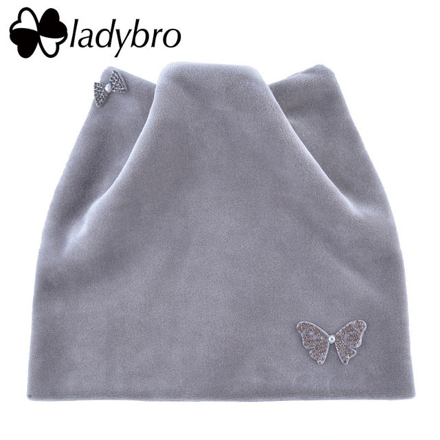 Ladybro Bow-Knot Shine Hat Winter Casual Warm Cat Ear Beanies Hat Women Rhinestones Beanie Hats Femlae Velvet Skullies Beanies