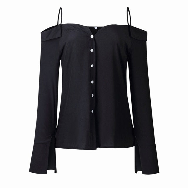 Long Sleeve T-shirt Women Strap Off Shoulder Sexy Tshirt Female Button Casual Top Flare Sleeve Ruffles Black White T-shirts