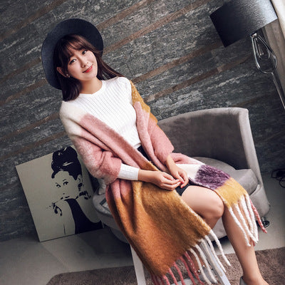 Mingjiebihuo Korean new fashion long scarf shawl female autumn and winter new color mixed wild warm thick fringed scarf