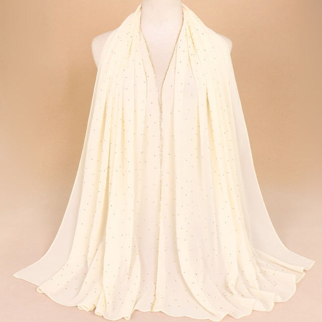 Muslim Women Crinkle Hijab Shawl Scarves Sunscreen Chain Rhinestone Pearl Chiffon Plain Foulard Wrap Cover Head Neck Beach Scarf
