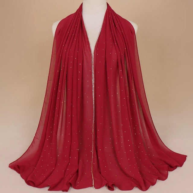 Muslim Women Crinkle Hijab Shawl Scarves Sunscreen Chain Rhinestone Pearl Chiffon Plain Foulard Wrap Cover Head Neck Beach Scarf