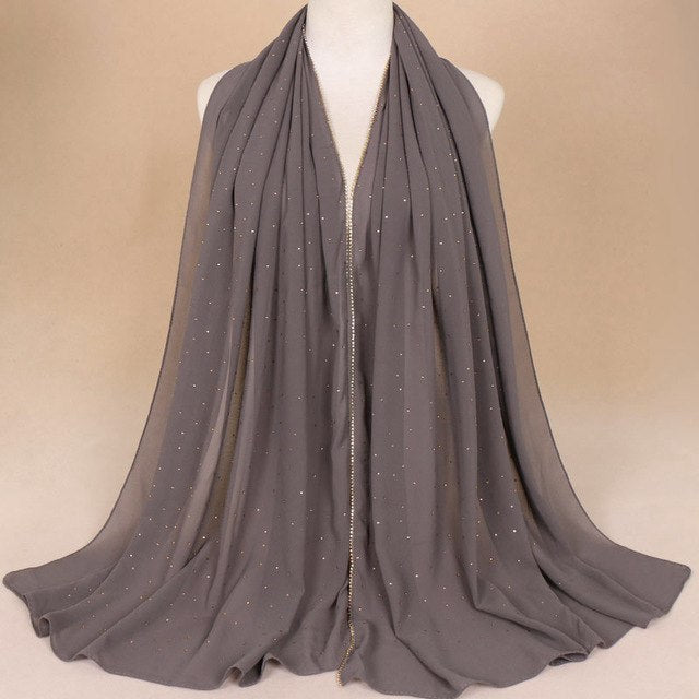 Muslim Women Crinkle Hijab Shawl Scarves Sunscreen Chain Rhinestone Pearl Chiffon Plain Foulard Wrap Cover Head Neck Beach Scarf