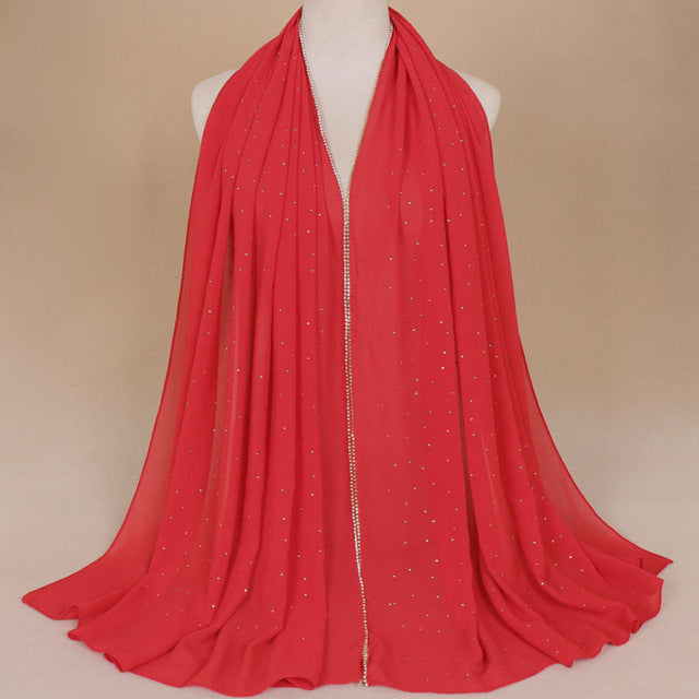 Muslim Women Crinkle Hijab Shawl Scarves Sunscreen Chain Rhinestone Pearl Chiffon Plain Foulard Wrap Cover Head Neck Beach Scarf