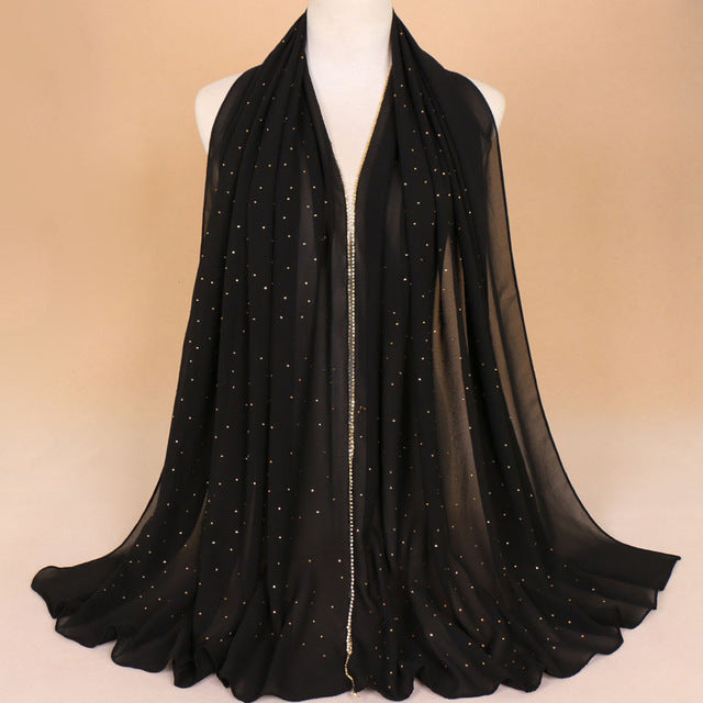 Muslim Women Crinkle Hijab Shawl Scarves Sunscreen Chain Rhinestone Pearl Chiffon Plain Foulard Wrap Cover Head Neck Beach Scarf