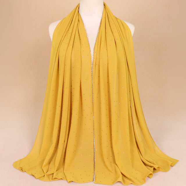 Muslim Women Crinkle Hijab Shawl Scarves Sunscreen Chain Rhinestone Pearl Chiffon Plain Foulard Wrap Cover Head Neck Beach Scarf