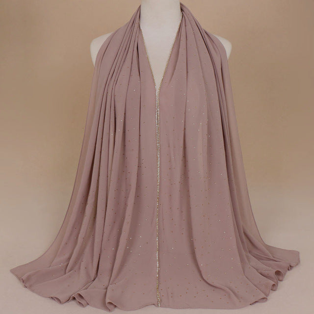Muslim Women Crinkle Hijab Shawl Scarves Sunscreen Chain Rhinestone Pearl Chiffon Plain Foulard Wrap Cover Head Neck Beach Scarf