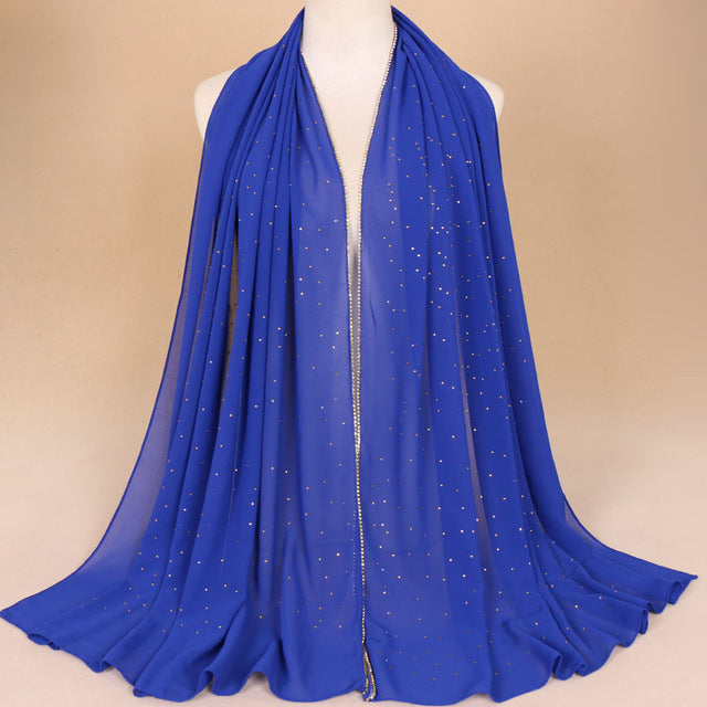 Muslim Women Crinkle Hijab Shawl Scarves Sunscreen Chain Rhinestone Pearl Chiffon Plain Foulard Wrap Cover Head Neck Beach Scarf