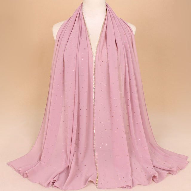 Muslim Women Crinkle Hijab Shawl Scarves Sunscreen Chain Rhinestone Pearl Chiffon Plain Foulard Wrap Cover Head Neck Beach Scarf