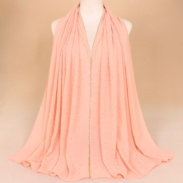 Muslim Women Crinkle Hijab Shawl Scarves Sunscreen Chain Rhinestone Pearl Chiffon Plain Foulard Wrap Cover Head Neck Beach Scarf