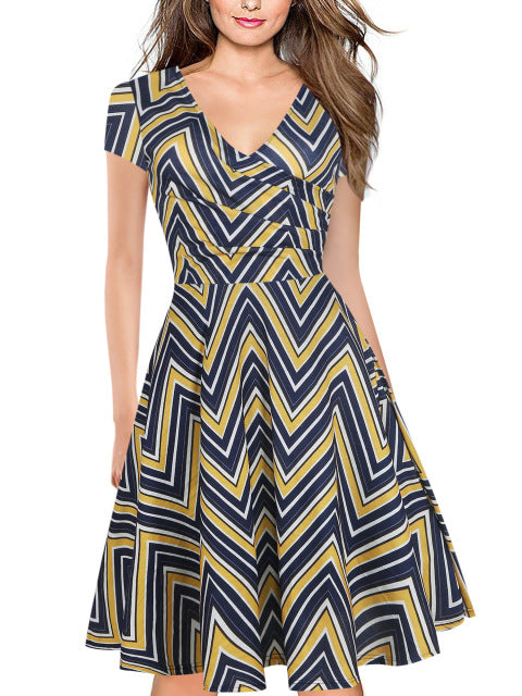 Oxiuly Womens Dark Blue Floral Print Dress Summer Sexy V Neck Short Sleeve Party Female Vintage A-Line Dresses Vestido Femininos