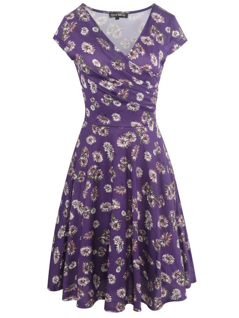 Oxiuly Womens Dark Blue Floral Print Dress Summer Sexy V Neck Short Sleeve Party Female Vintage A-Line Dresses Vestido Femininos