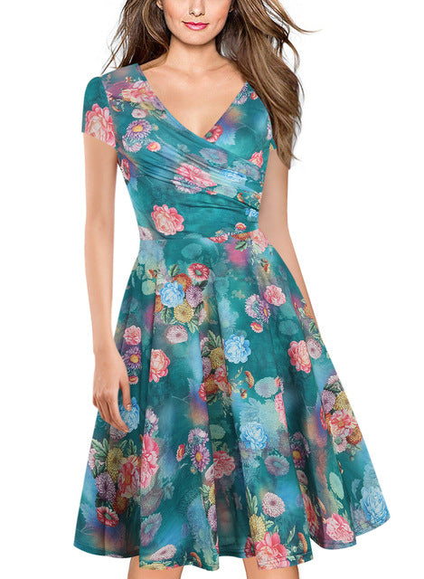 Oxiuly Womens Dark Blue Floral Print Dress Summer Sexy V Neck Short Sleeve Party Female Vintage A-Line Dresses Vestido Femininos