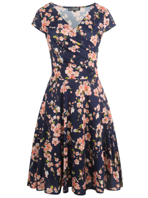 Oxiuly Womens Dark Blue Floral Print Dress Summer Sexy V Neck Short Sleeve Party Female Vintage A-Line Dresses Vestido Femininos