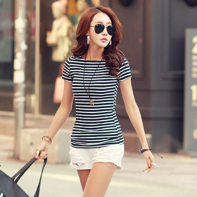 T Shirt Female Short Sleeve Stripped Summer Women Clothes 2018 Women's Clothing Casual T-Shirts Top Cotton Tee Plus Size #B88