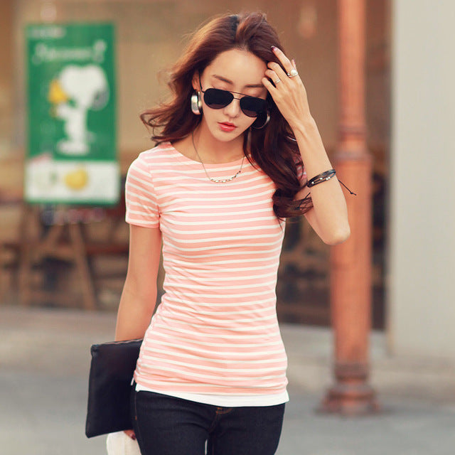 T Shirt Female Short Sleeve Stripped Summer Women Clothes 2018 Women's Clothing Casual T-Shirts Top Cotton Tee Plus Size #B88