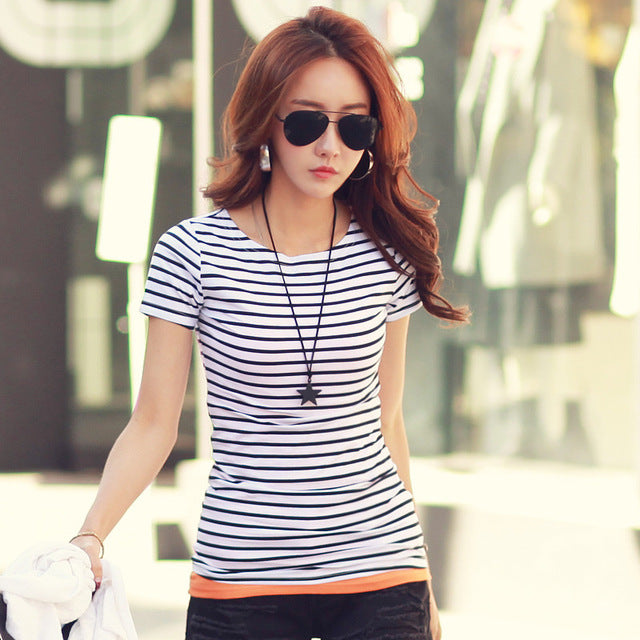 T Shirt Female Short Sleeve Stripped Summer Women Clothes 2018 Women's Clothing Casual T-Shirts Top Cotton Tee Plus Size #B88