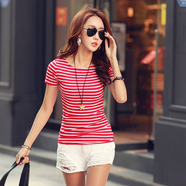 T Shirt Female Short Sleeve Stripped Summer Women Clothes 2018 Women's Clothing Casual T-Shirts Top Cotton Tee Plus Size #B88
