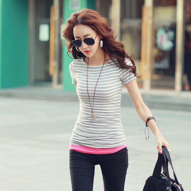 T Shirt Female Short Sleeve Stripped Summer Women Clothes 2018 Women's Clothing Casual T-Shirts Top Cotton Tee Plus Size #B88