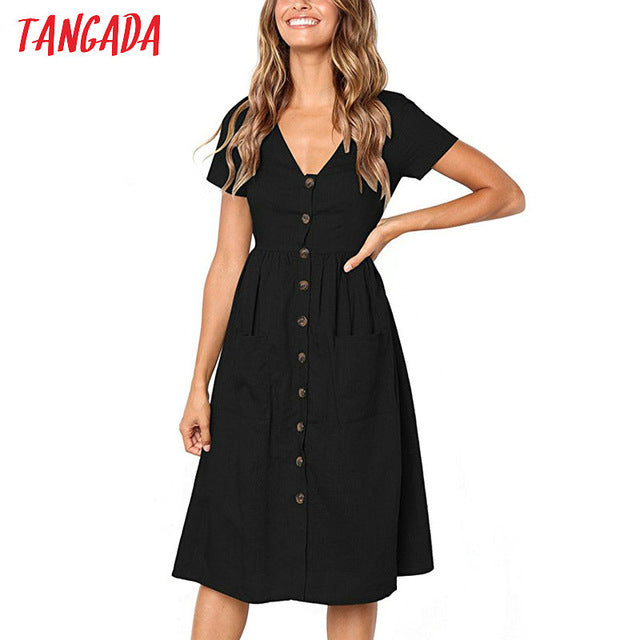 Tangada 2018 summer cotton dress women tunic v neck short sleeve pink midi dresses pocket casual vestidos female AON04