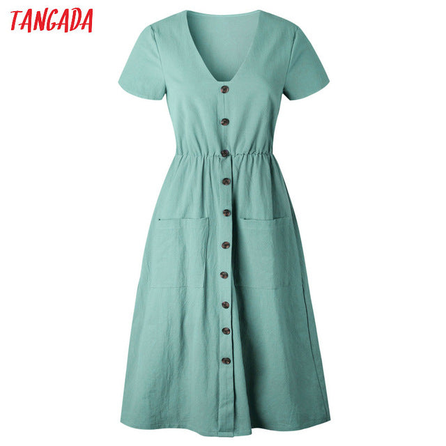Tangada 2018 summer cotton dress women tunic v neck short sleeve pink midi dresses pocket casual vestidos female AON04