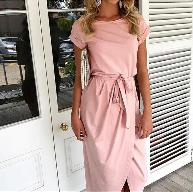 TissarLG Women Summer Dress Bohemian Asymmetrical Solid Ankle-length Empire O-neck High Quality dress