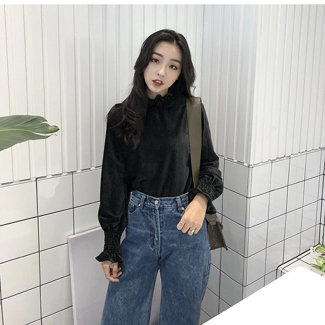 Turtleneck Ruffles Pleated Sleeve Women Blouses Shirt Elegant Long Sleeve Solid Tees female casual tops chemise 2018
