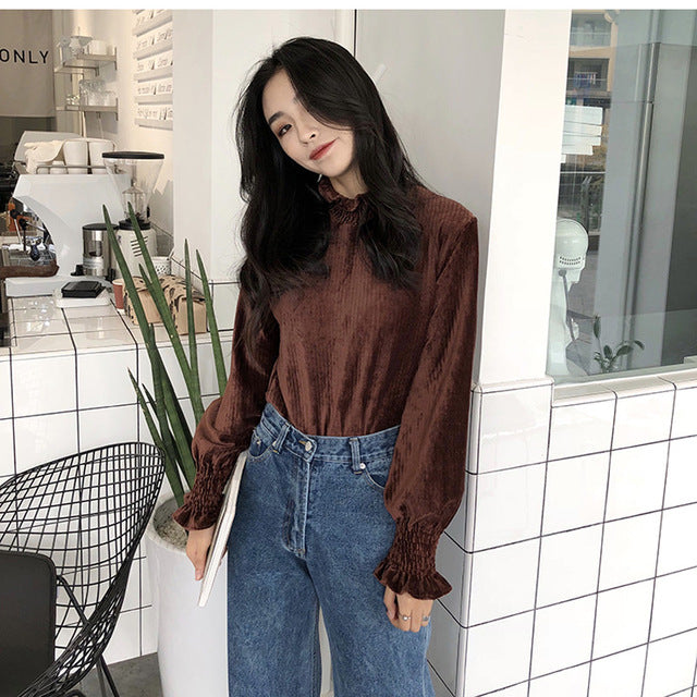 Turtleneck Ruffles Pleated Sleeve Women Blouses Shirt Elegant Long Sleeve Solid Tees female casual tops chemise 2018