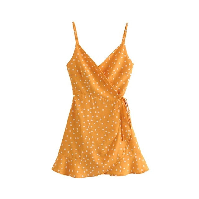 Vadim sweet ruffled dot print wrap dress V neck sleeveless adjustable straps female casual chic mini dresses Vestidos QA355