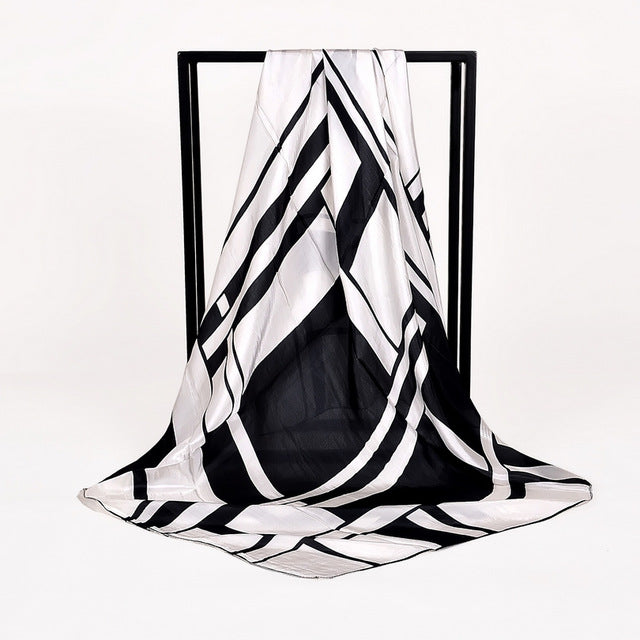 Women Black White 100% Silk Big Square Silk Scarves Printed Fashion Plaid Crepe Satin Scarf Shawl Spring Autumn Scarf Cape 90cm