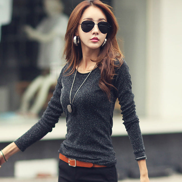 Women Fashion Shirts 2018 New Autumn Solid Women T-shirts Long Sleeve O-Neck Bright Wire Basic Casual Female Top Tees Elasticity