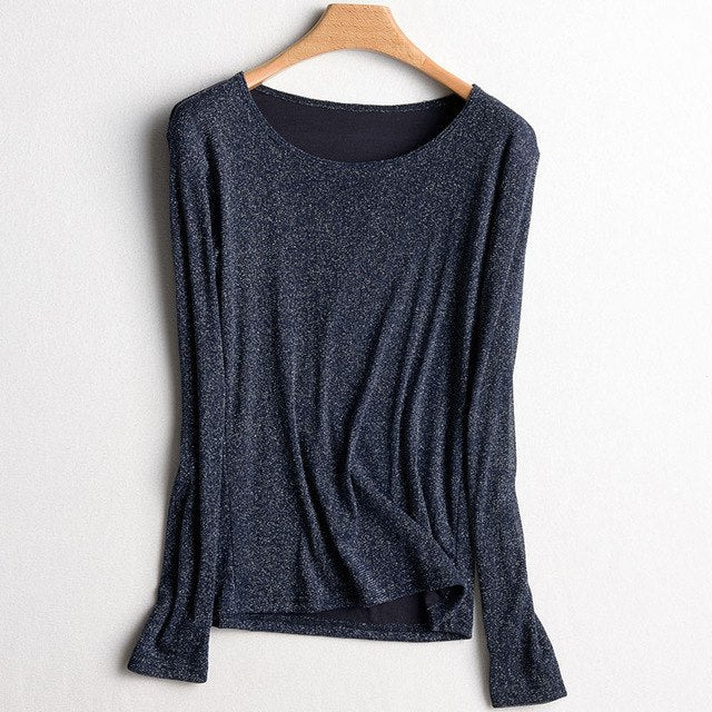 Women Fashion Shirts 2018 New Autumn Solid Women T-shirts Long Sleeve O-Neck Bright Wire Basic Casual Female Top Tees Elasticity