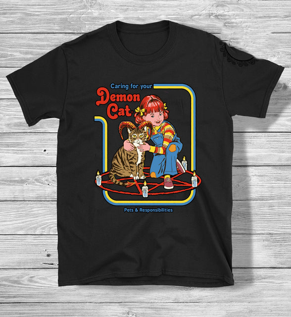 hahayule Caring For Your Demon Cat Unisex 70s Retro Style Black T-Shirt Funny Cat Printed Tee Hipsters Goth Grunge Tops